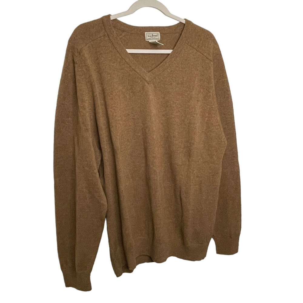 LL Bean Mens‎ XL Lambswool Sweater Brown V Neck Pull-Over
